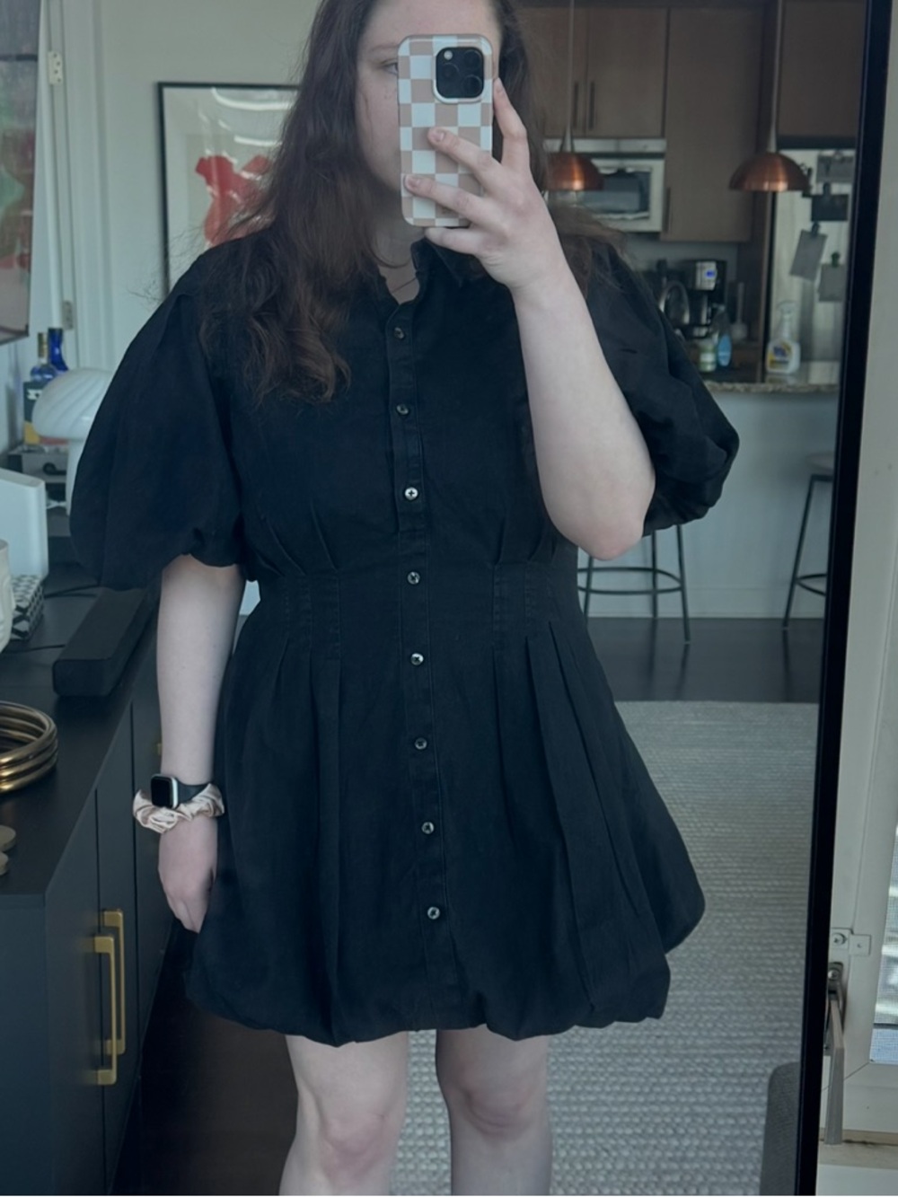 Gap Black Button-Front Puff Sleeve Mini Bubble Dress size L